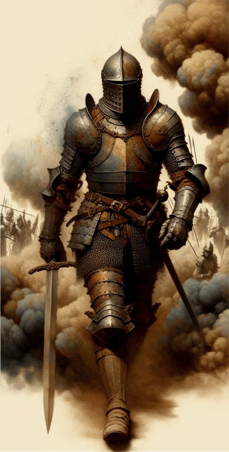 Armored Warrior Emerges from Dust Cloud