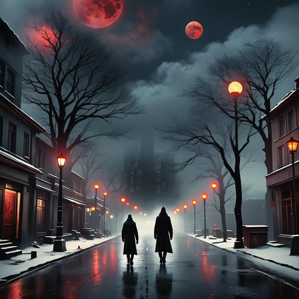 Eerie Winter Night with Blood Moon in 3D Render
