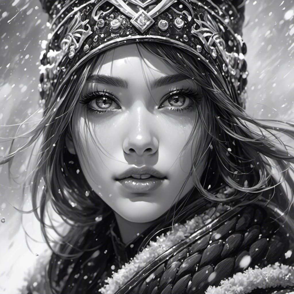 Monochrome Portrait of Woman with Beanie in Snow