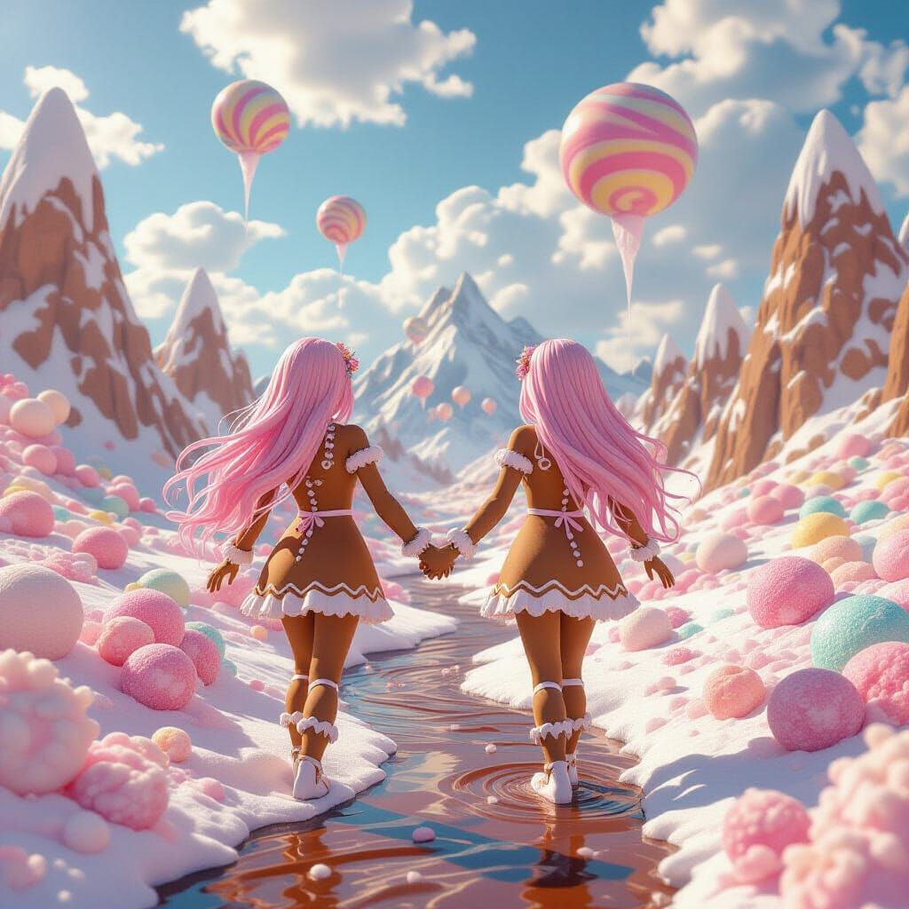 Gingerbread Women in Surreal Candy Landscape