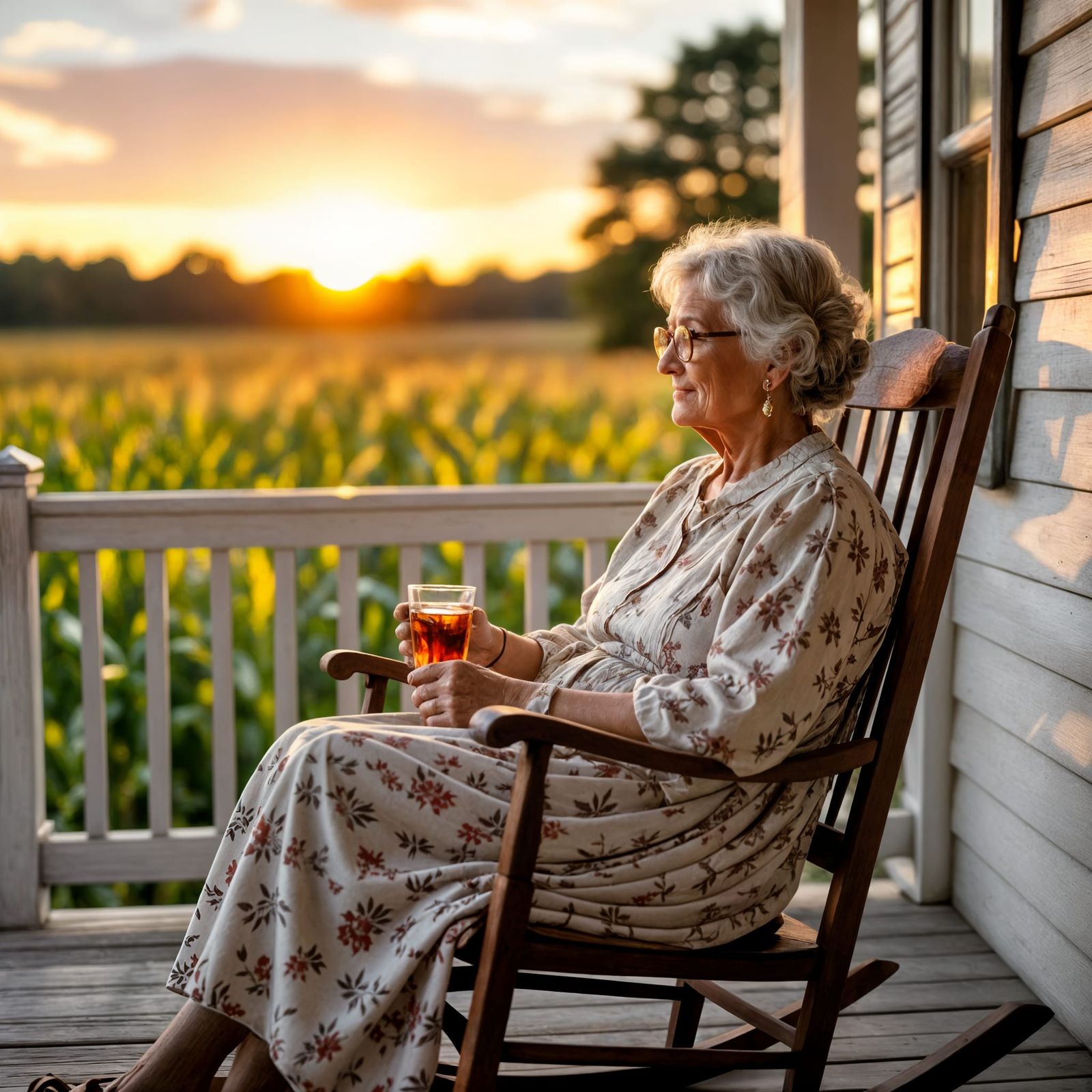 Grandmother Sipping Tea on Southern Porch at Sunset
