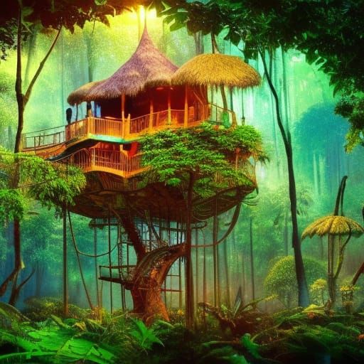 Lush Jungle Treehouse in Bioluminescent Aesthetic