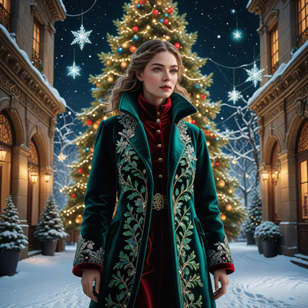 Majestic Woman in Golden Christmas Courtyard