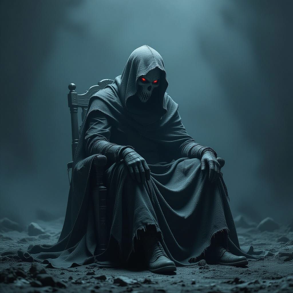 Eerie Disabled Figure in Dark Setting, Dramatic Shadows