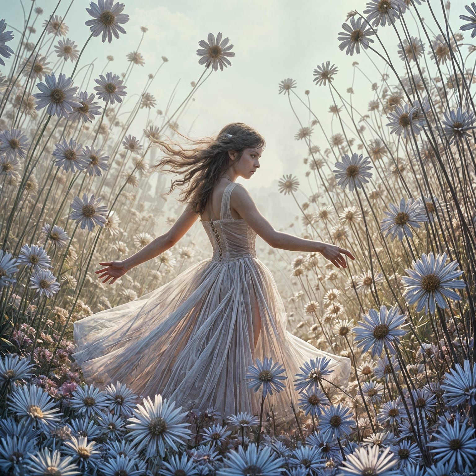 Dancing Girl in Flower Sea: Cyberpunk Surrealism