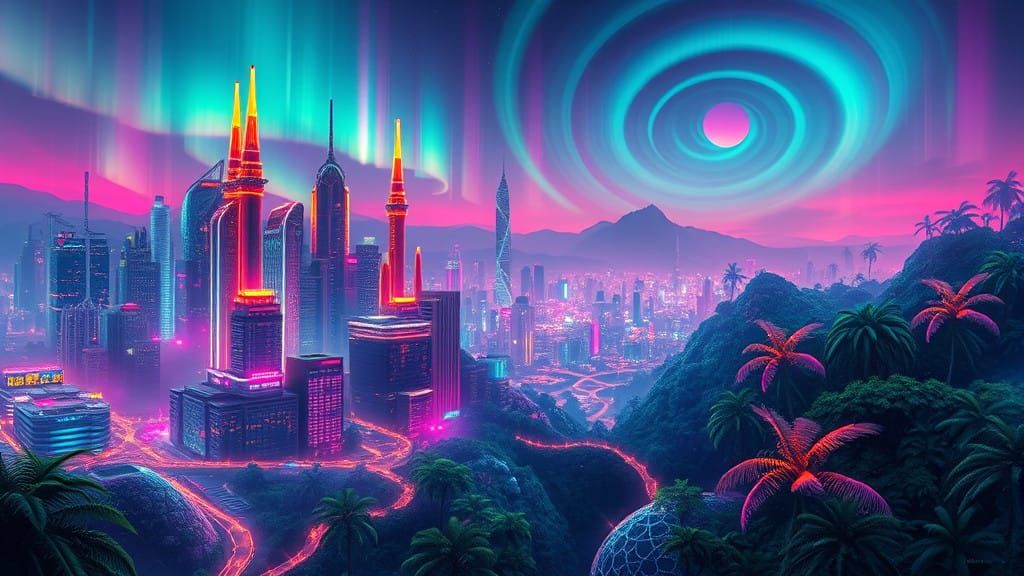 Ethereal Metropolis Meets Lush Jungle Under Aurora Borealis