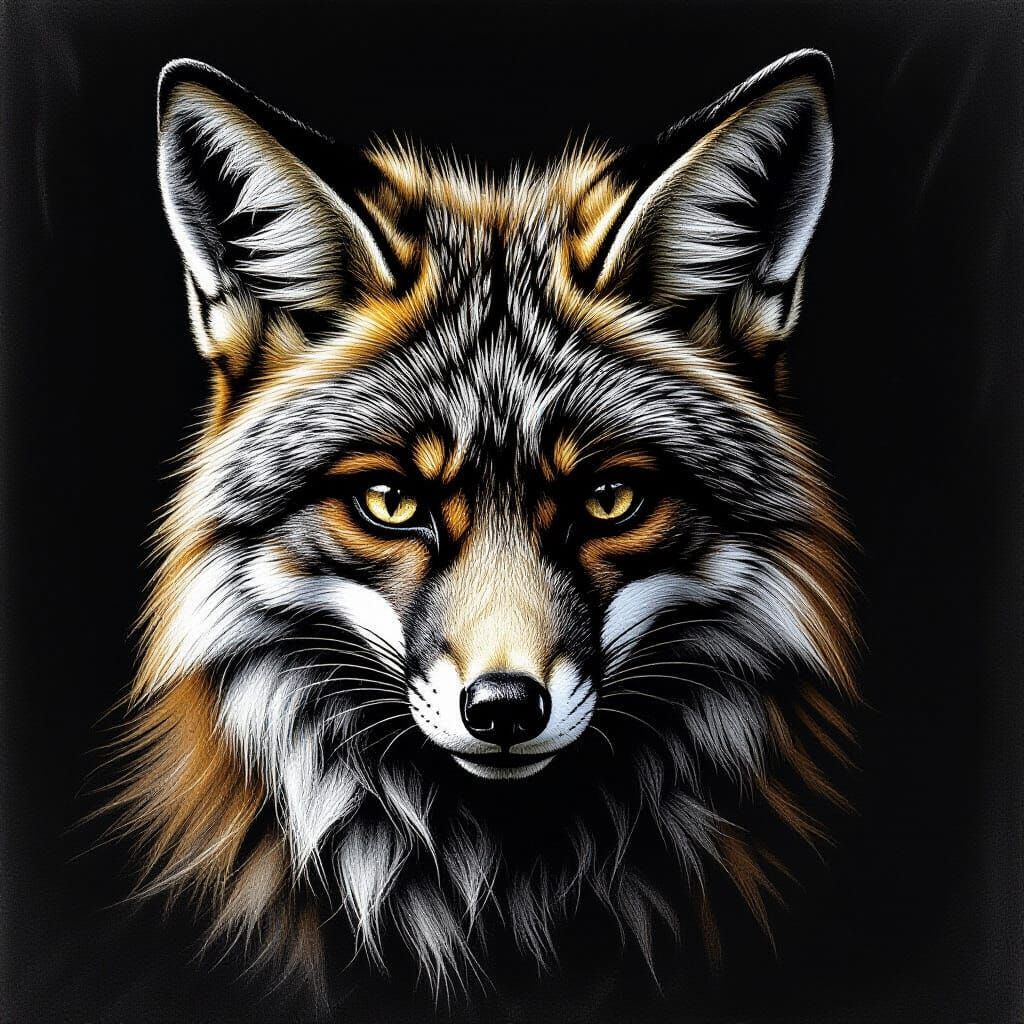 Charcoal Drawing of Fox in Ancient Mask