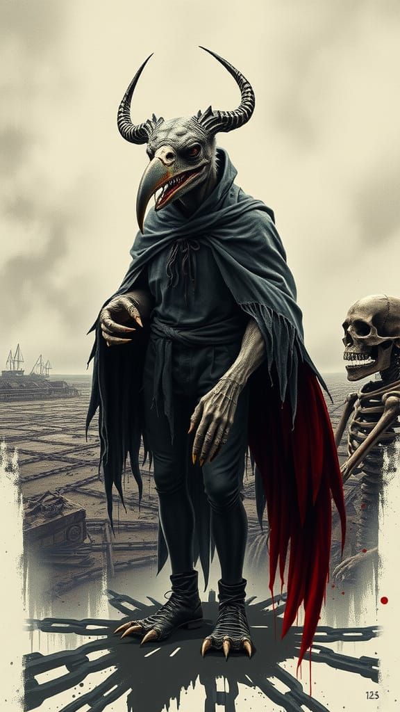 Humanoid figure with vulture head, clawed hands, and taloned...