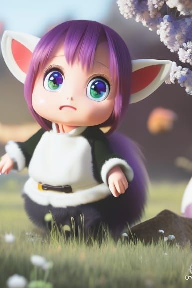 Kawaii Chibi Cow in Flower Field, Digital Art