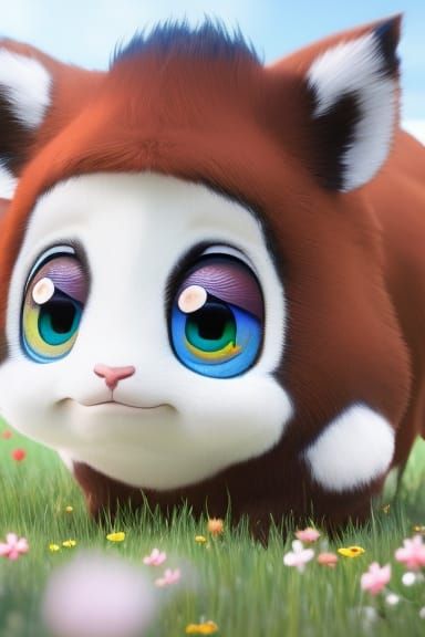 Chibi Fluffy Cow in Flower Field, 3D Art