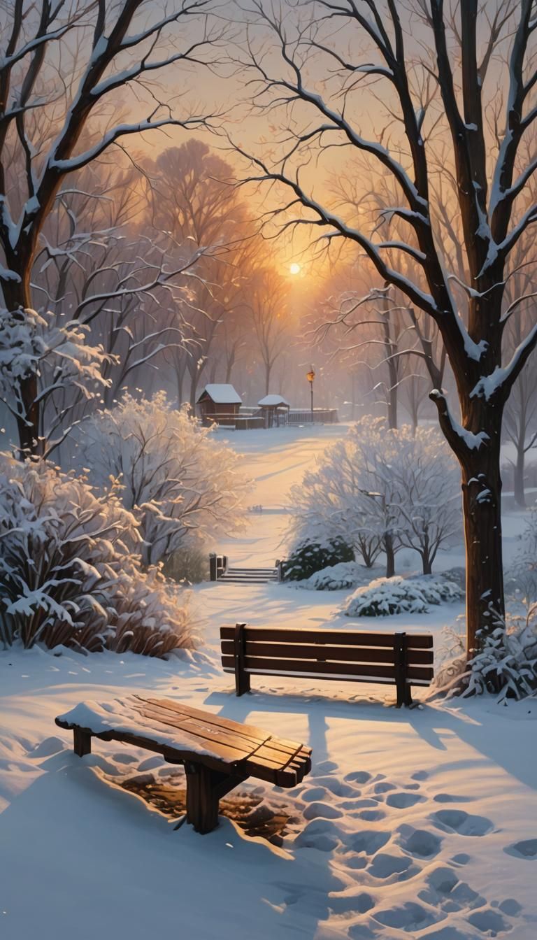 Empty Bench in Snowy Garden: Hyperrealistic Oil Painting