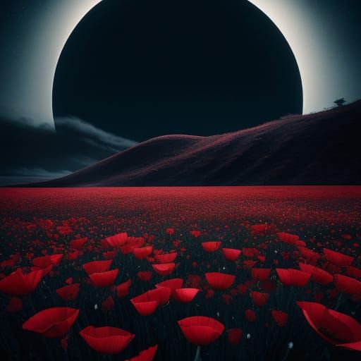 Poppies Bloom Under Luminous Full Moon Landscape