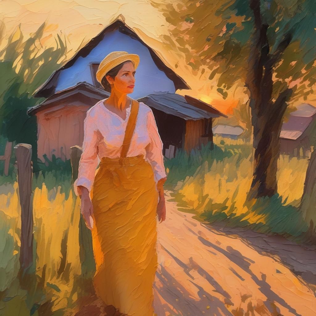 Mysterious Woman Arrives: Impressionist Gouache Painting