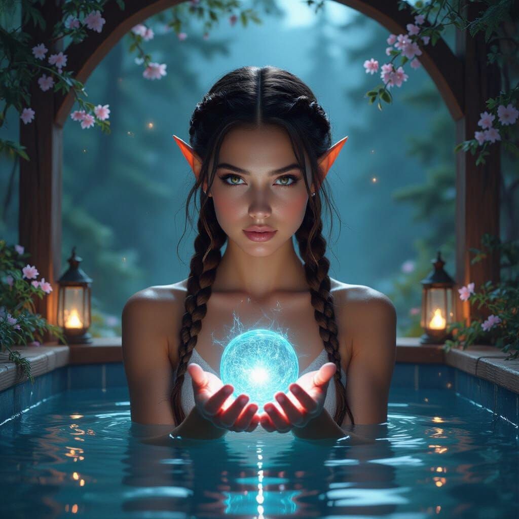 Young Woman with Elven Ears Holds Mystical Energy Void