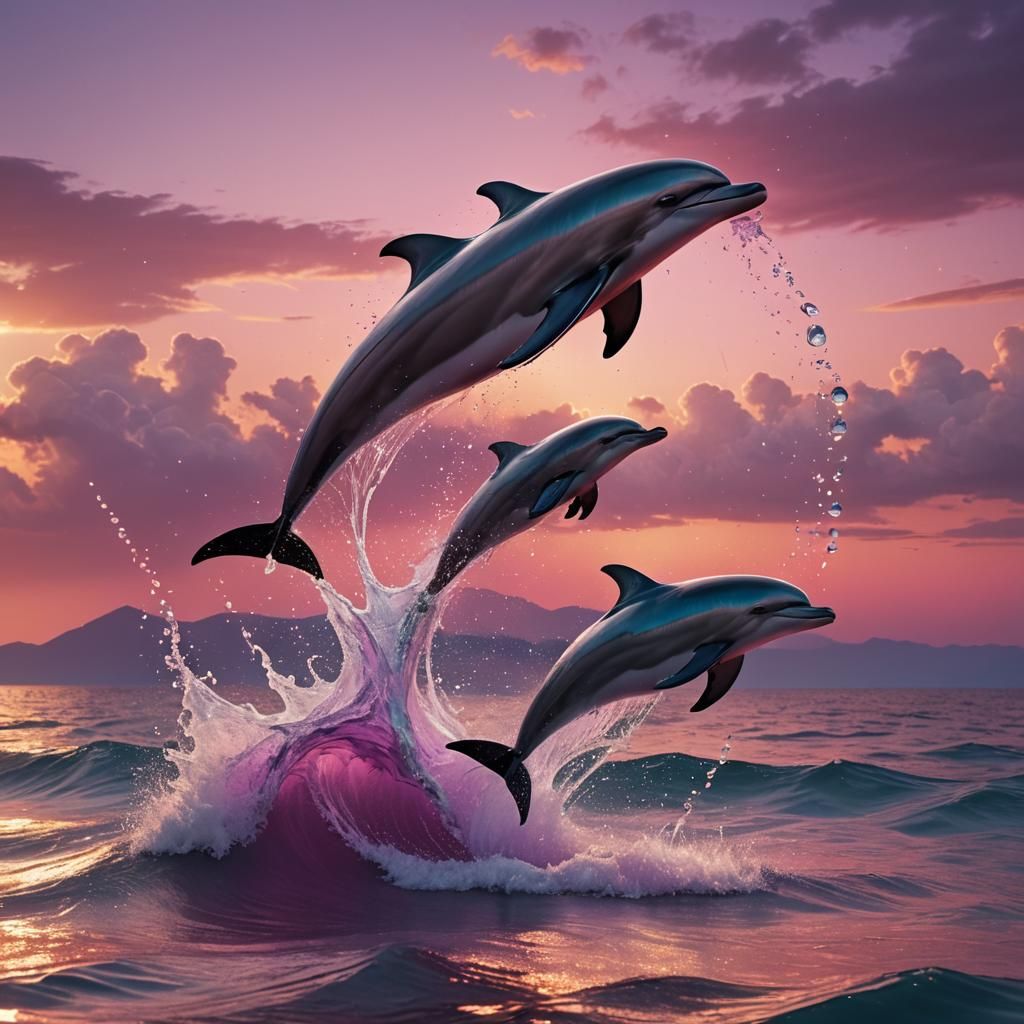 Multicolor Dolphin Leaps at Sunset: Fantasy Concept Art