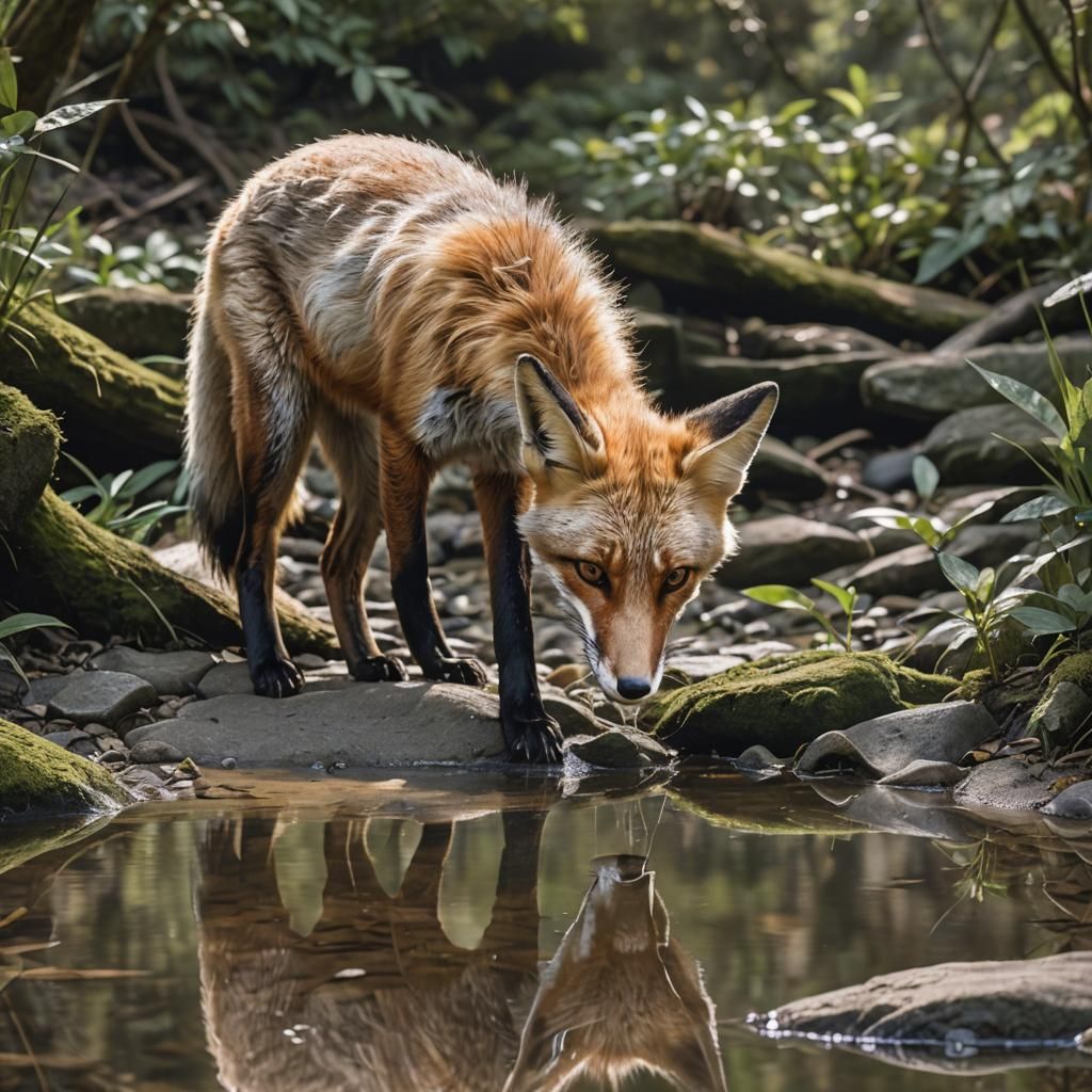 Transparent Fox Drinking from Creek