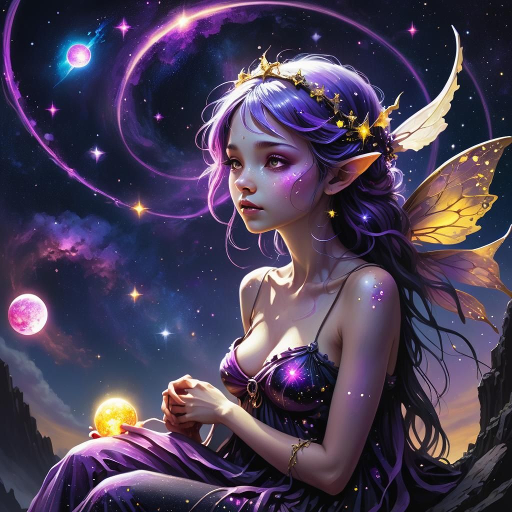 Fantasy Fairy Births Galaxies in Dark Concept Art