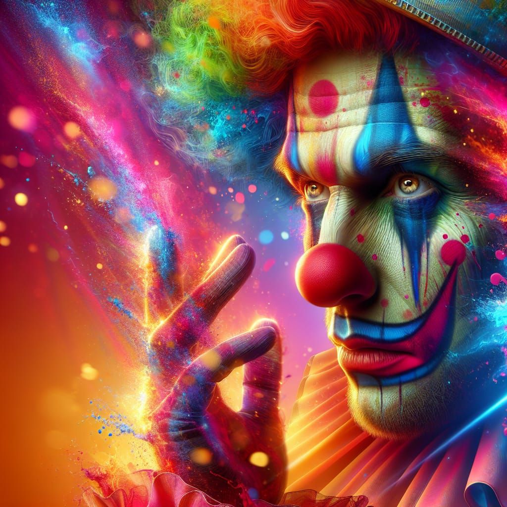 Dramatic Clown Portrait in Hyperrealistic Splash Art