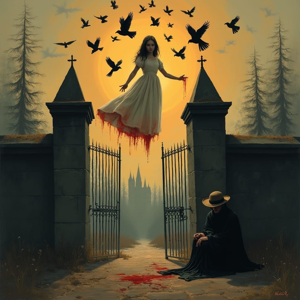 Gothic Cemetery Gate with Ghostly Figure, Surreal Painting