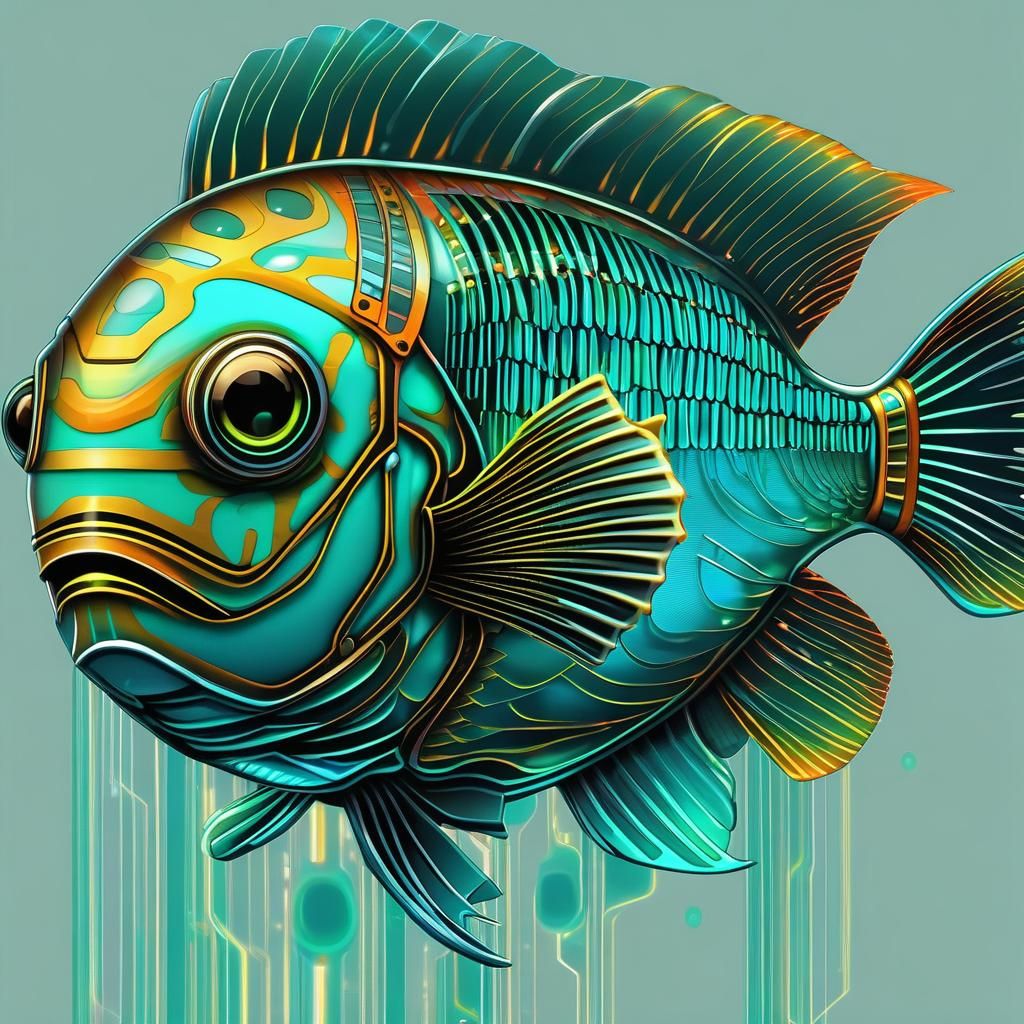 Biopunk Fish with Glowing Scales and Cyborg Brain