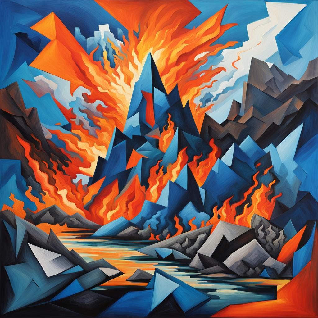 Erupting Volcano in Cubist Style Digital Art