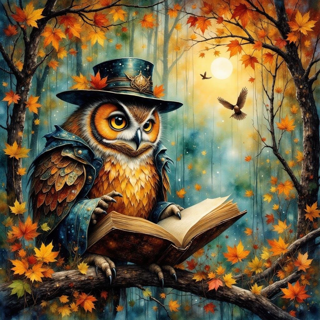 Wise Owl Reads Ancient Book Amidst Magical Autumn Forest