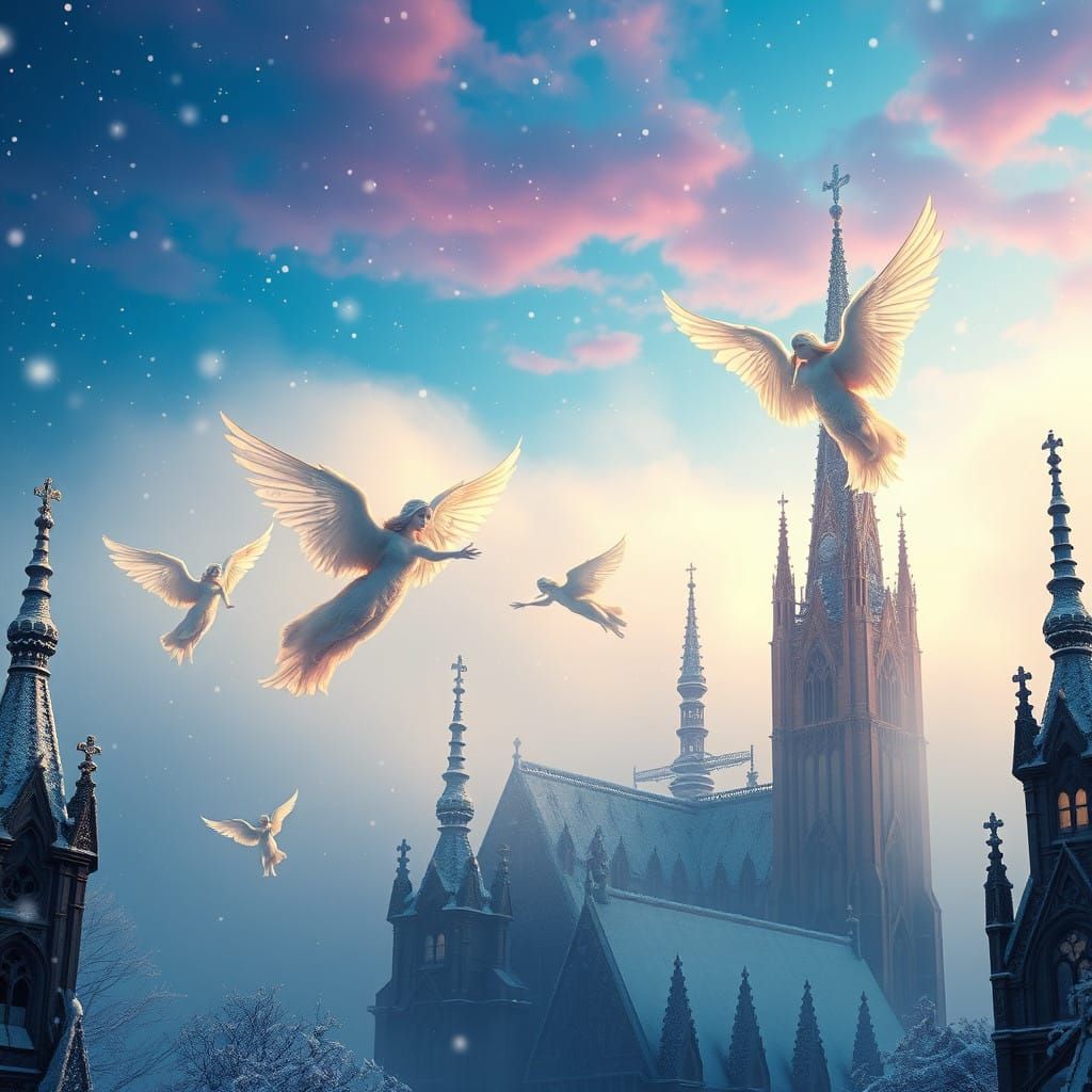 Magical Christmas Scene with Angels in Snowy Landscape