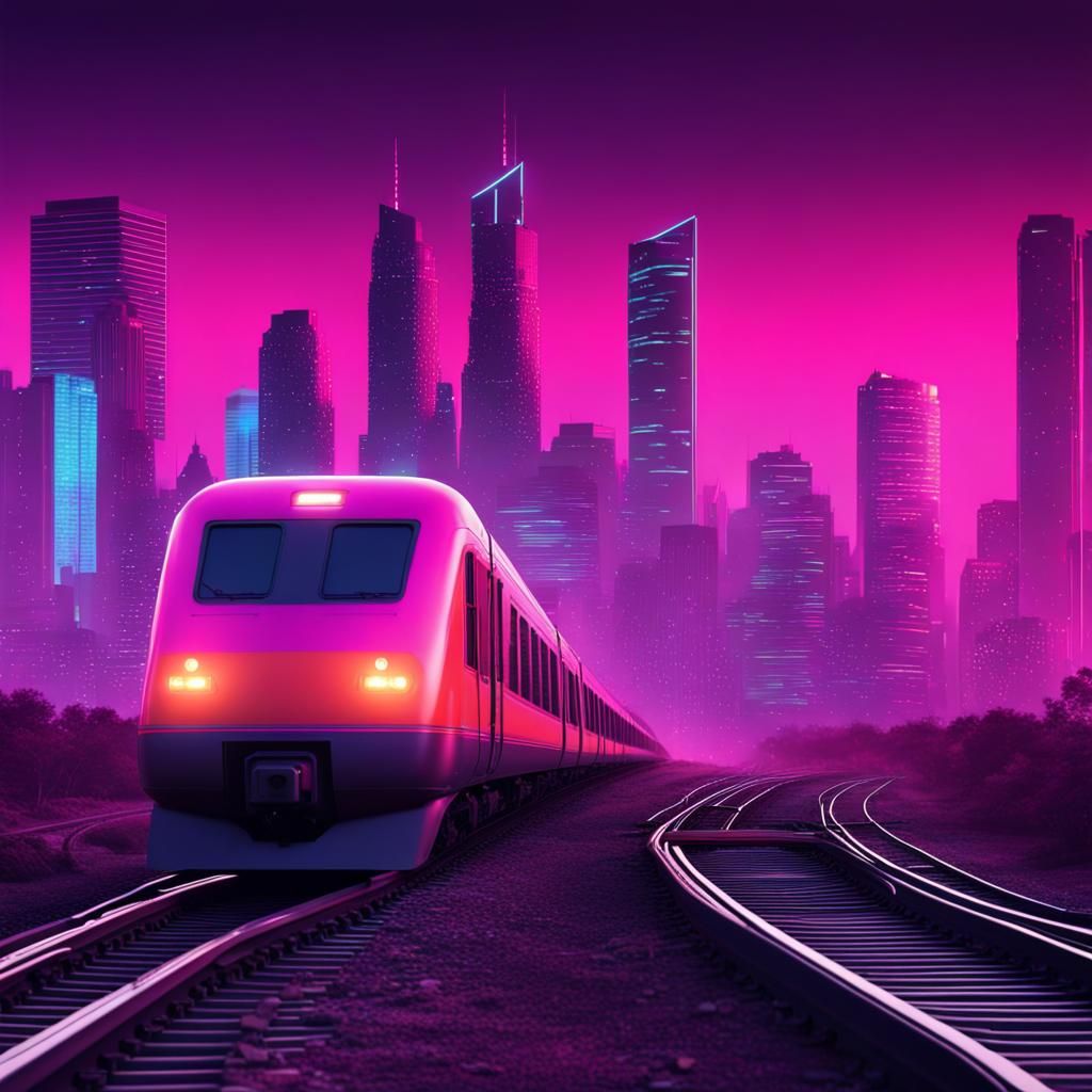 Synthwave Train on Tracks with City View