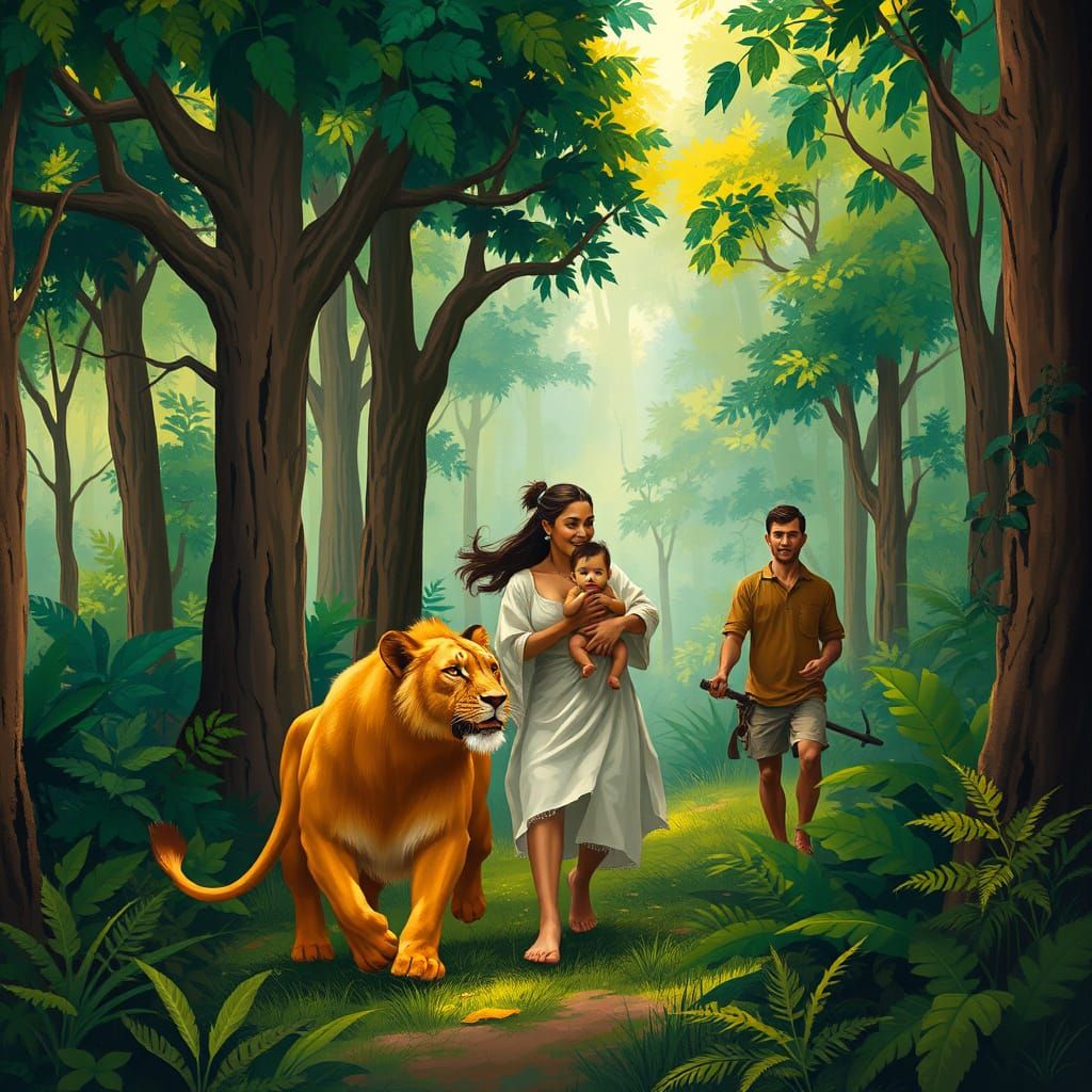 Mother's Bravery in the Forest: A Family's Lion Encounter