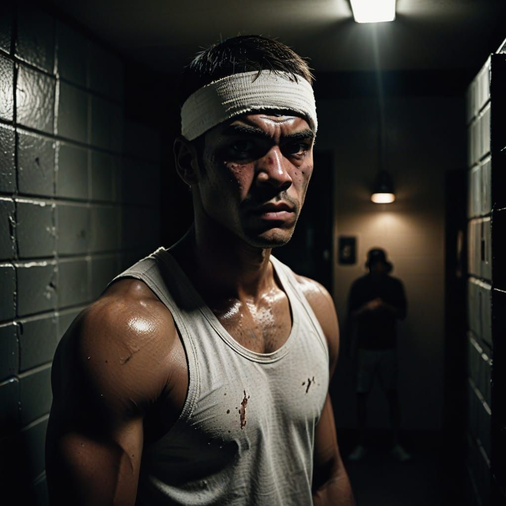 Victorious Boxer in Dimly Lit Locker Room