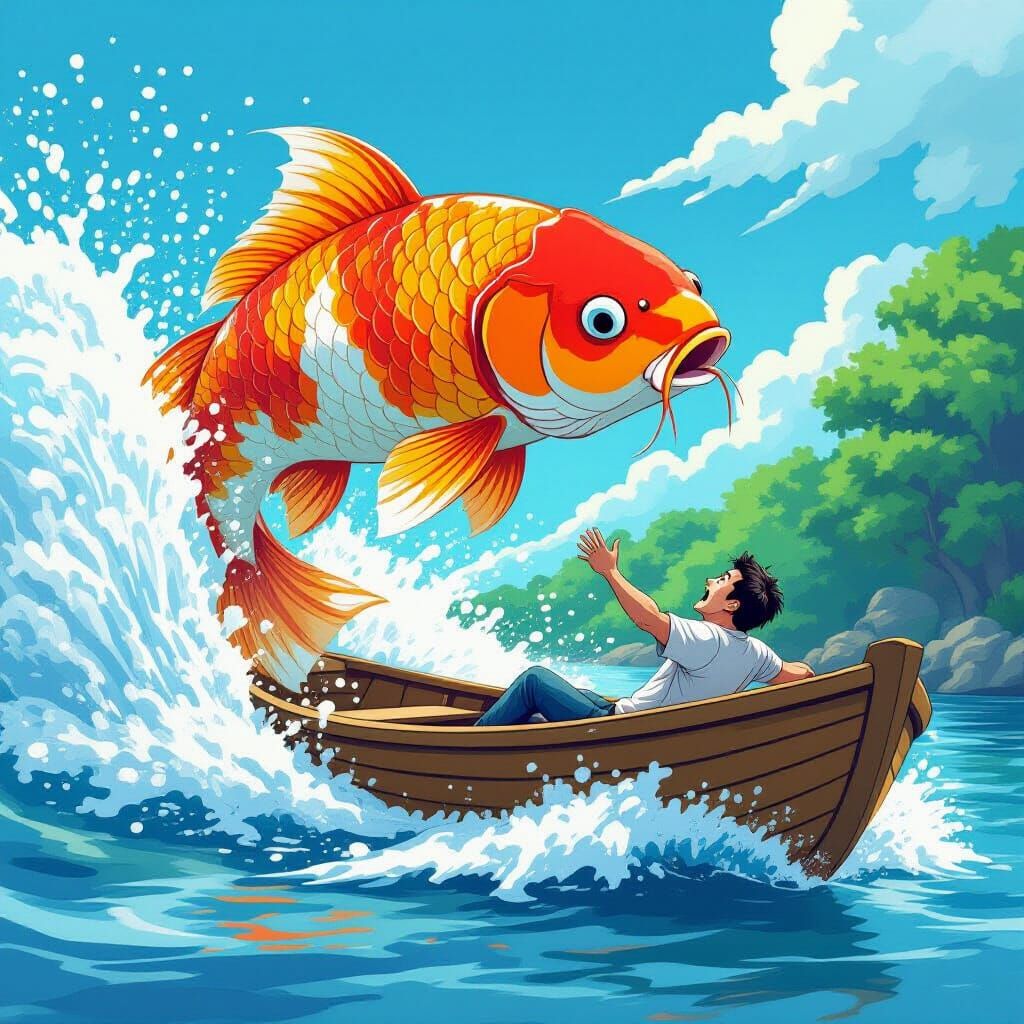 Man Shocked by Giant Leaping Koi in Tiny Rowboat