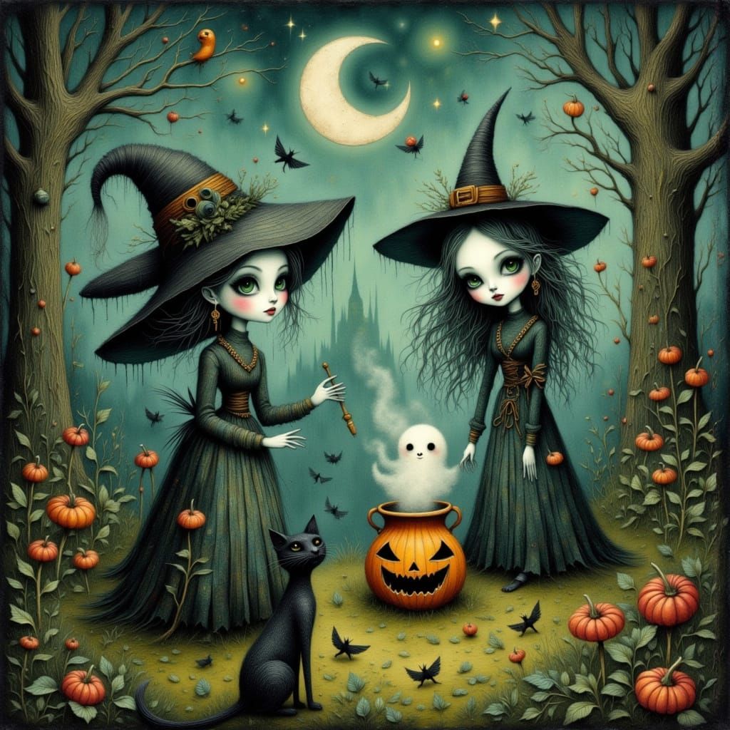 Halloween Witch Casting Spell in Spooky Forest