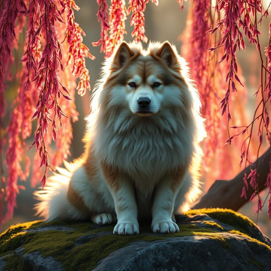 Regal Dog Surrounded by Vibrant Pink and Orange Willows