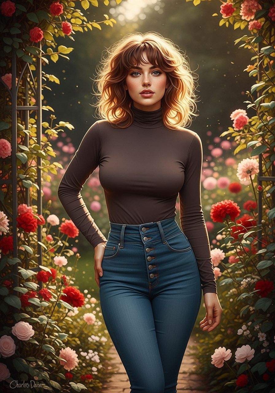Woman in Lush Garden, Romantic Sunlight