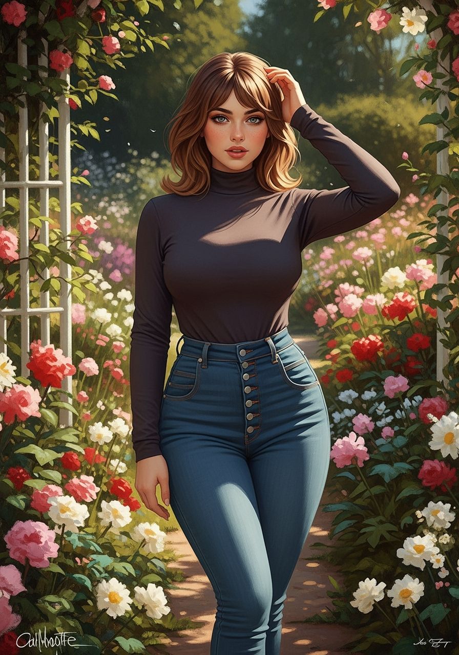 Woman Posing in Lush Garden with Soft Romantic Glow