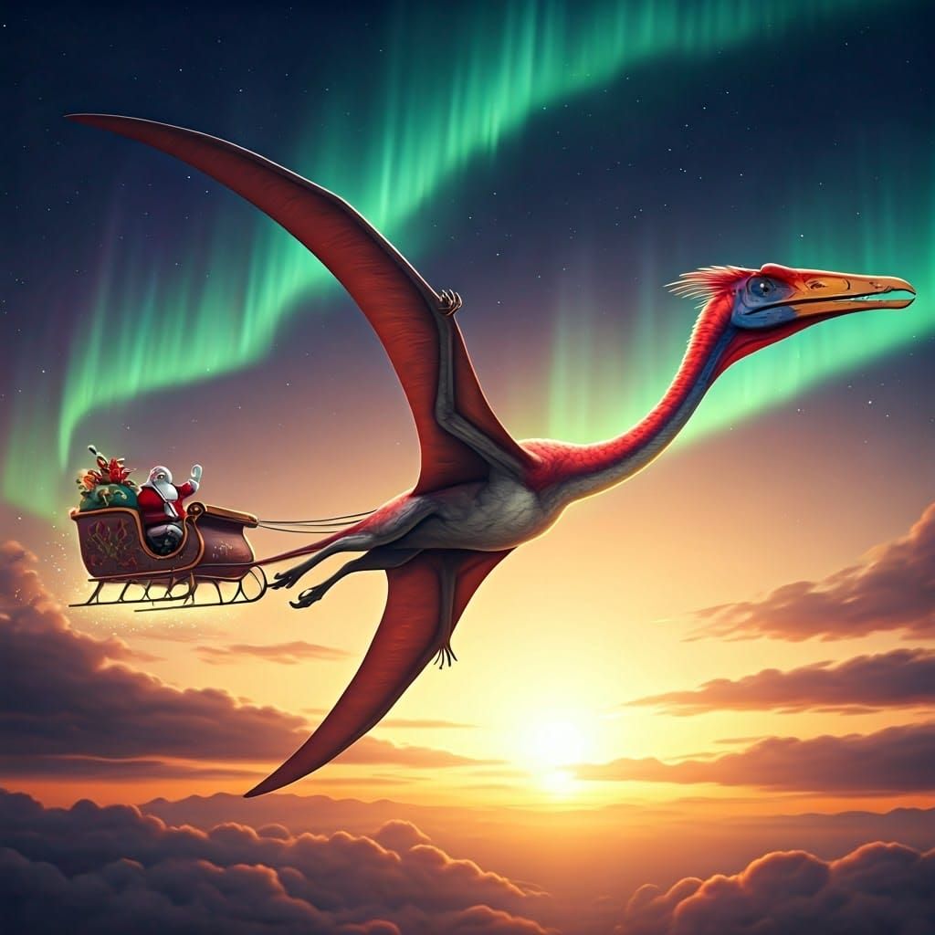 Majestic Flying Dinosaur Sleigh Ride in Golden Dusk