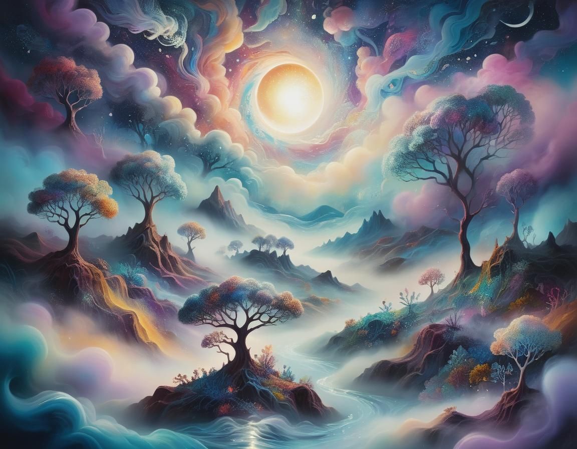 Cosmic Surrealism: Lunar Dreamscape in Mixed Media