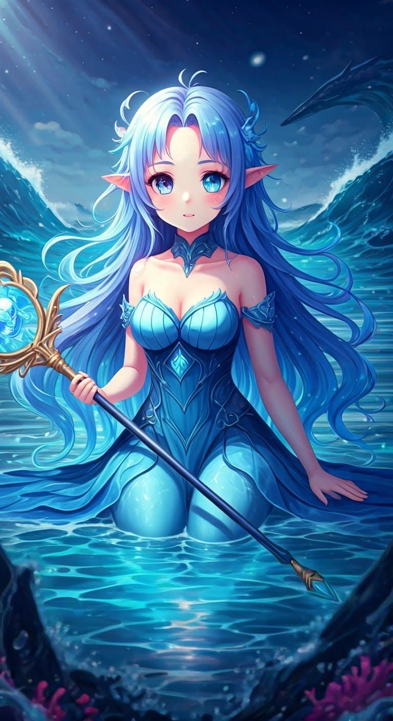Anime Water Spirit Goddess with Glowing Hair and Staff