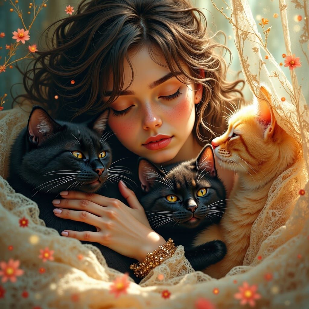 Woman with Cats in Surreal Airbrush Illustration