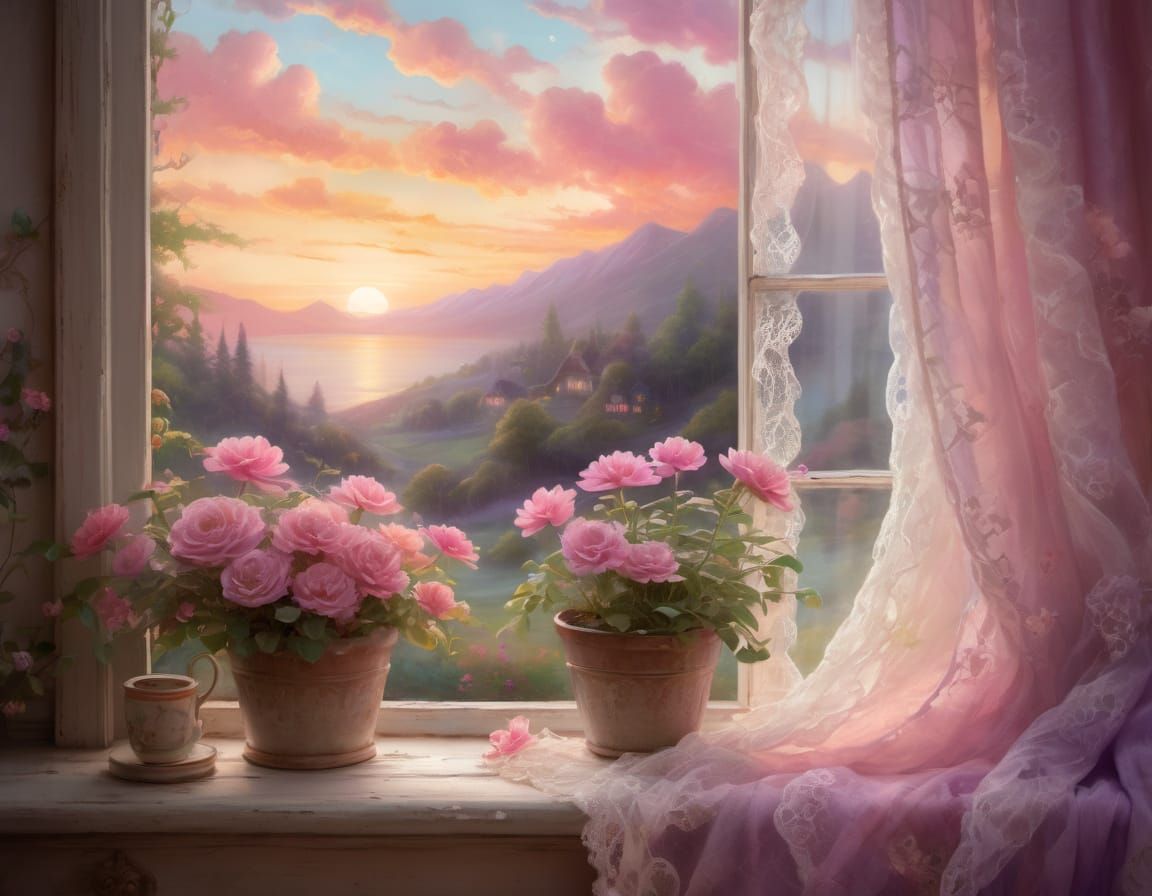 Whimsical Bedroom Window Scene in Thomas Kinkade Style
