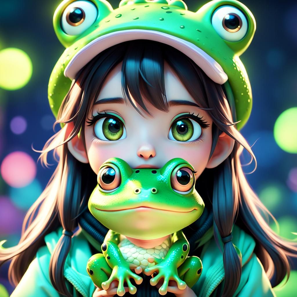 Cute Anime Girl with Frog Hat in Pixar Style