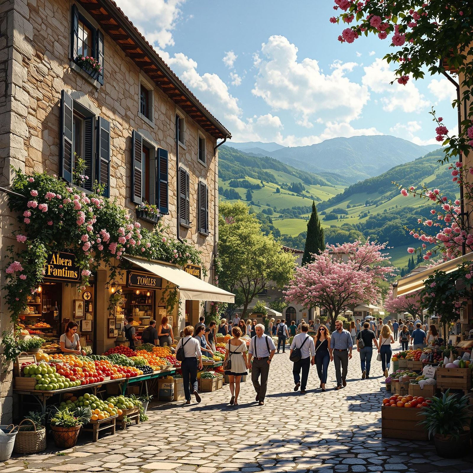Surreal Italian Market Scene in a Small Village
