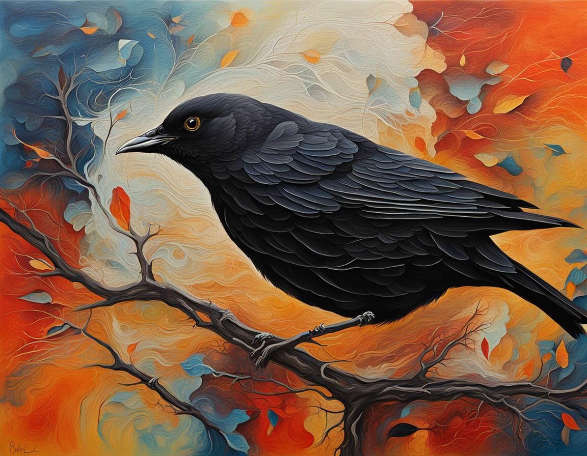 Abstract Blackbird Art in Complementary Colors