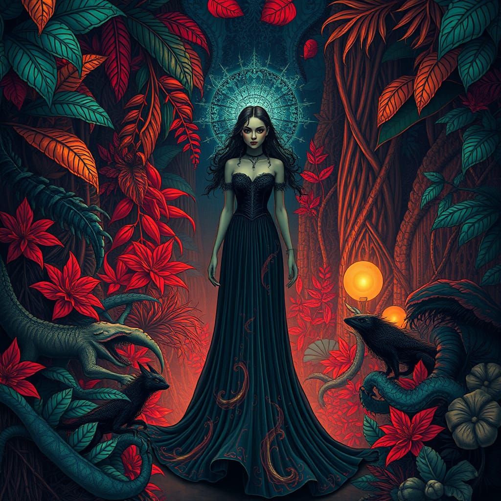Mystical Woman in Surreal Jungle: Dystopian Art