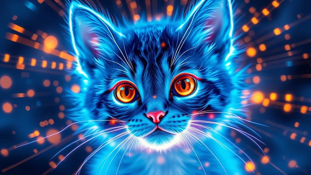 Glowing Kitten Face in Digital Numbers Cosmos