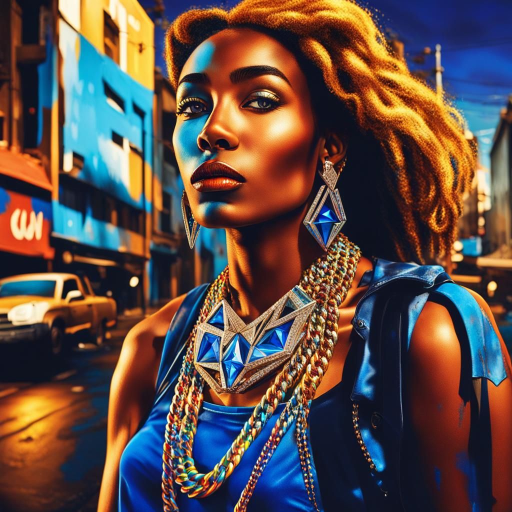 Urban Graffiti Art: Woman with Sapphire Necklace