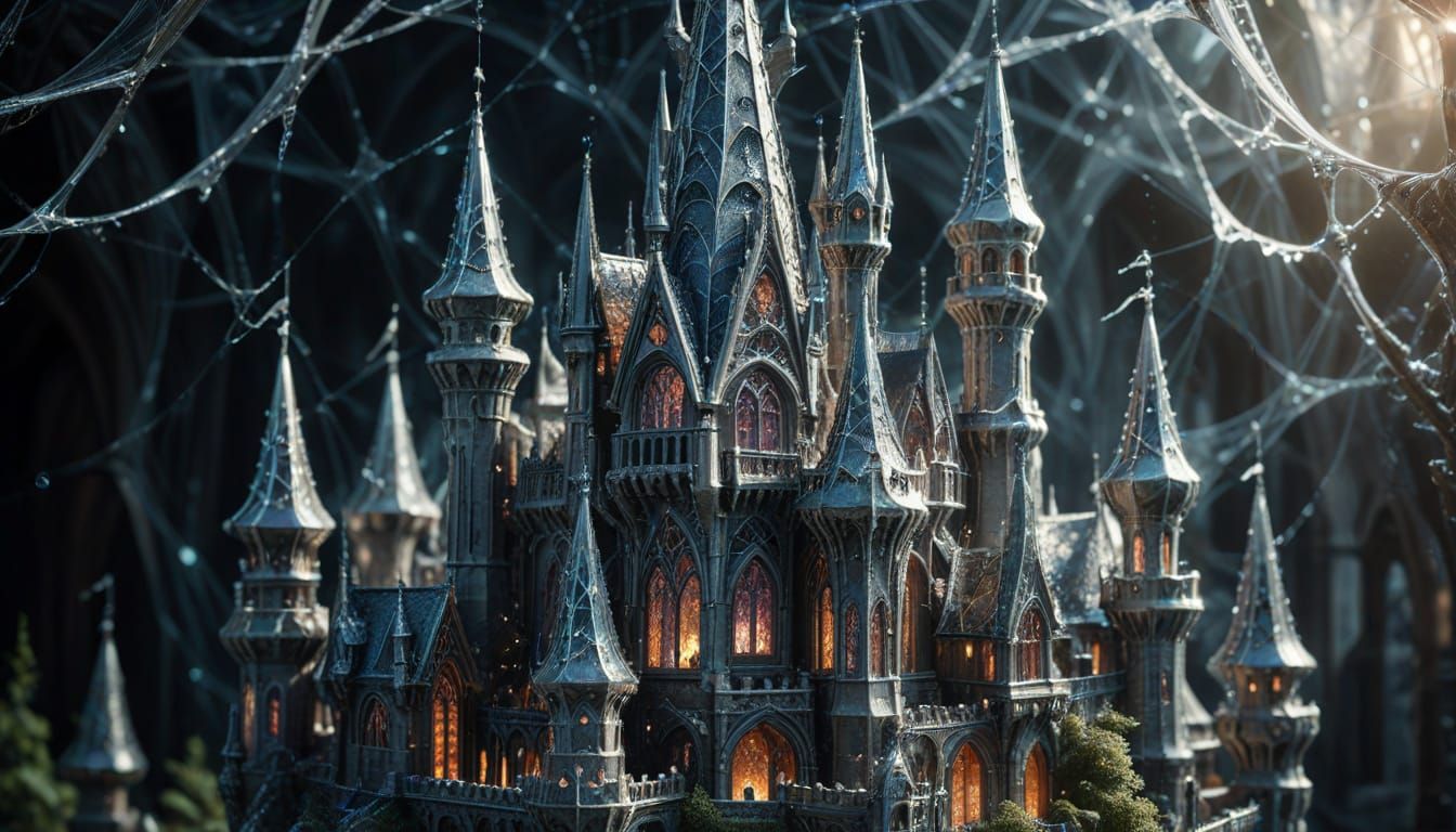 Ethereal Castle in Iridescent Spider Webs