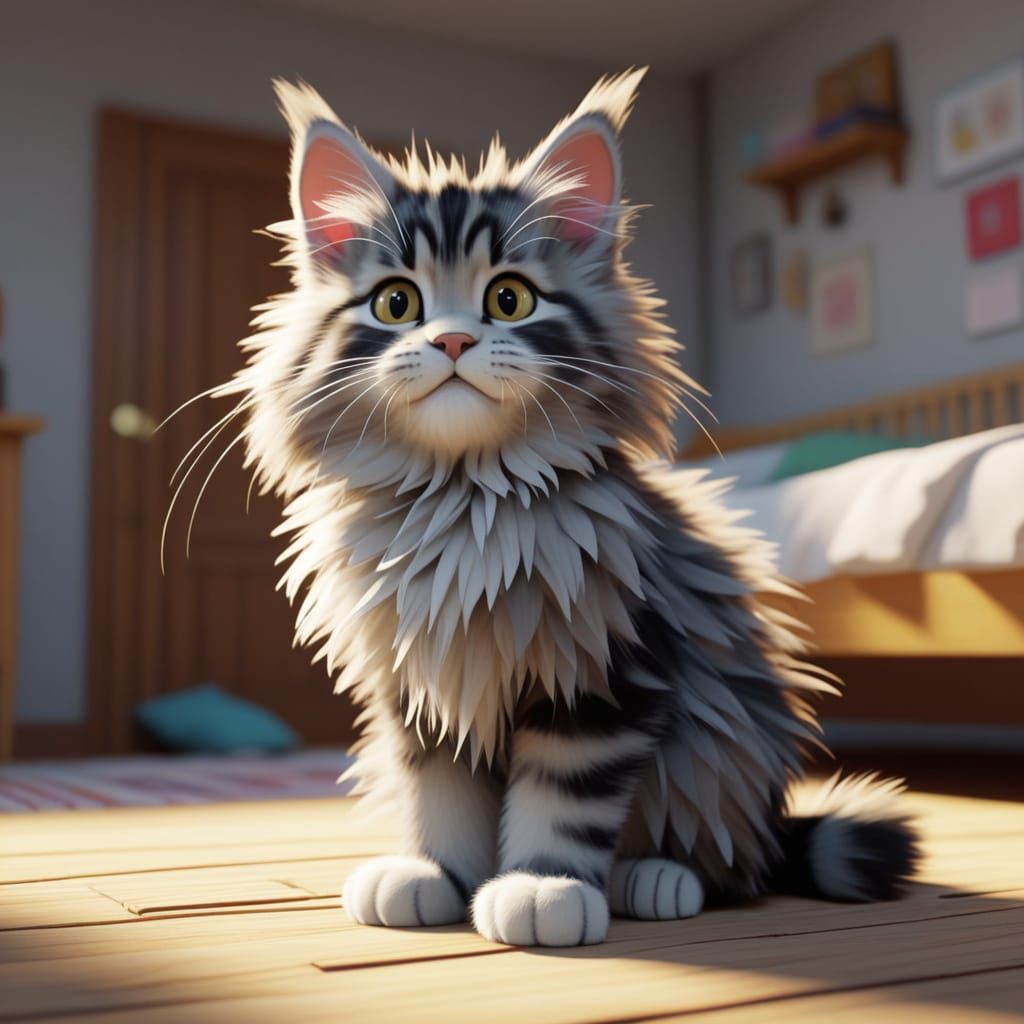 Maine Coon Kitten in a Messy Mood, Soft Animation Style