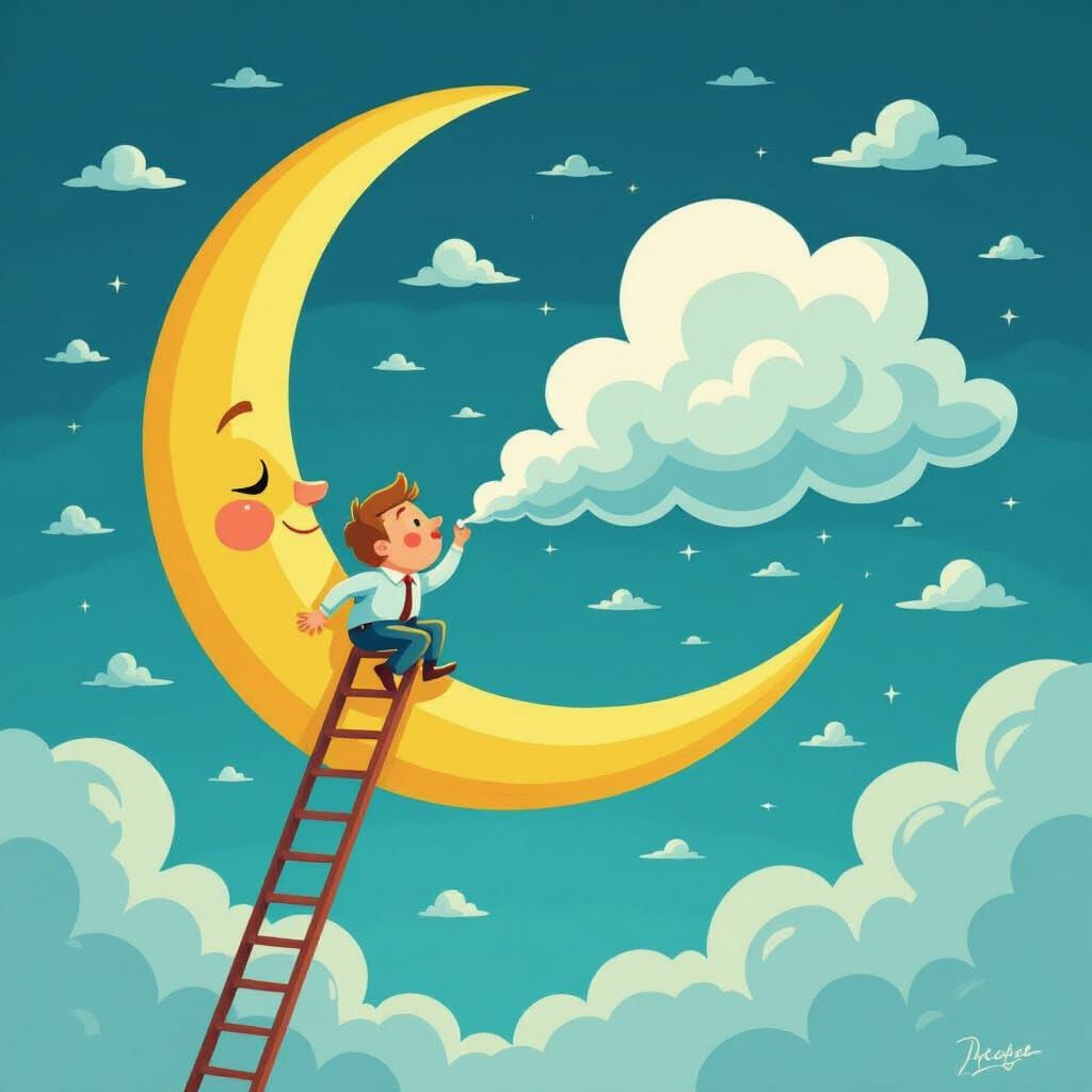 Whimsical Man Blows Cloud Into Storm on Half Moon