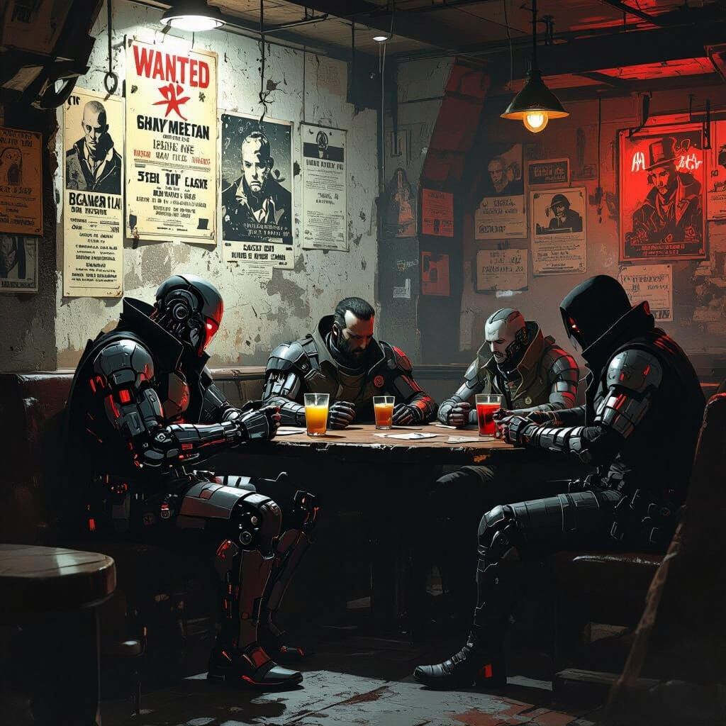 Gritty Cantina Scene with Bounty Hunters in Noir Style